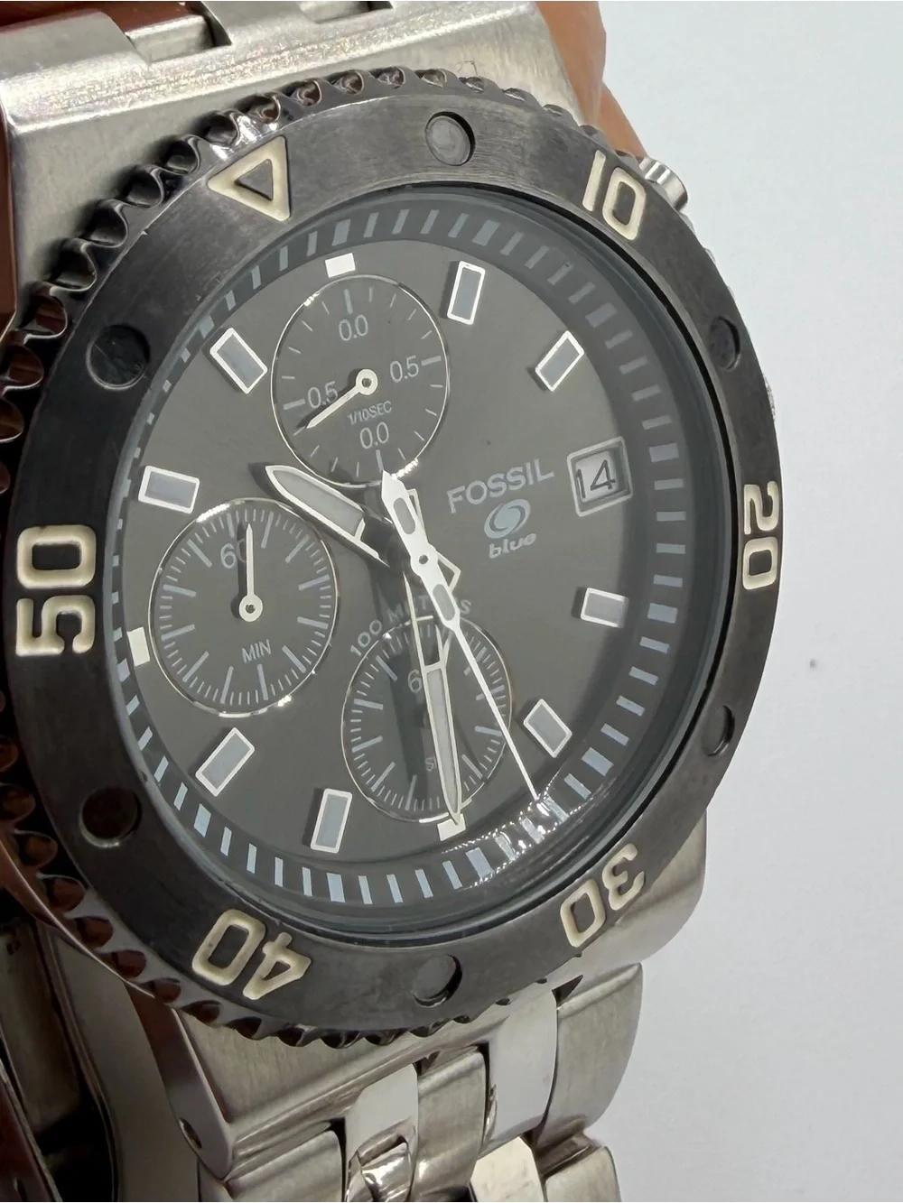 Fossil Black and Silver Stainless Steel Chronograph Watch new battery 1106